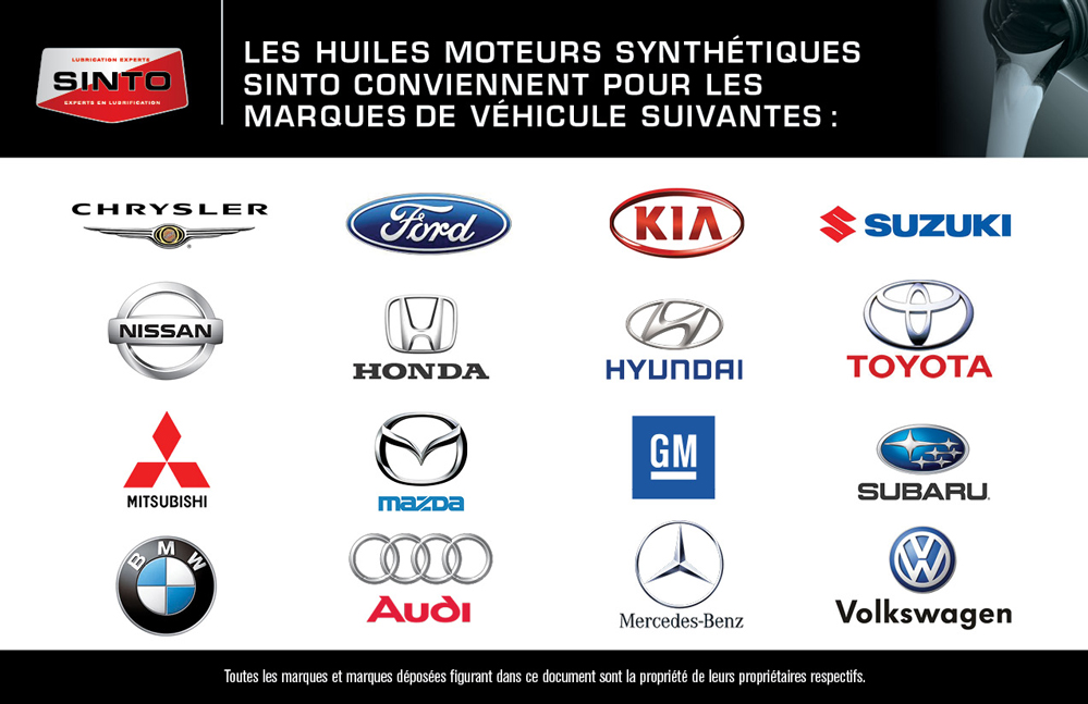 Huiles moteurs synthétiques pour les marques de véhicules suivants